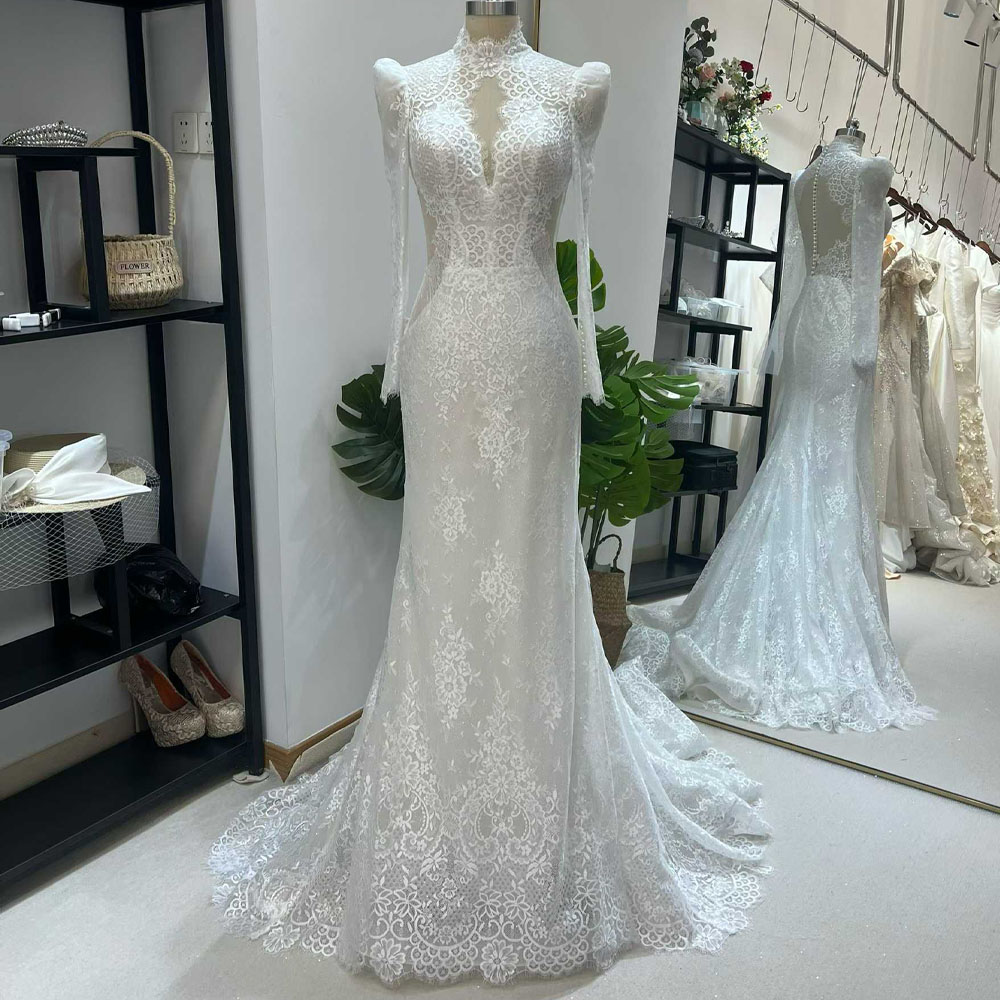 Embroidery Organza - Długa suknia ślubna z długim rękawem