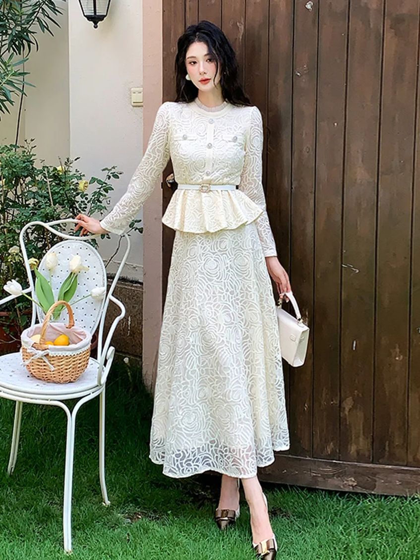 Embroidery Blouse - Elegancki, luksusowy komplet dwuczęściowy: koronkowa bluzka