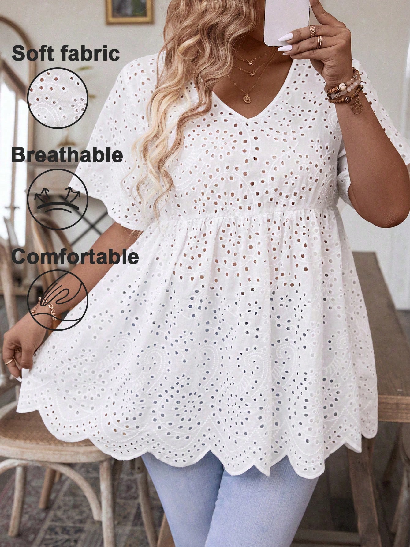 Embroidery Blouse - Damska bluzka plus size z białym