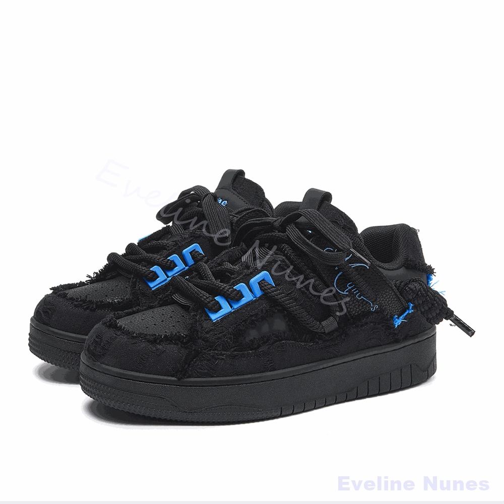 Embroidery Stitch - Czarne, postrzępione buty skate na platformie