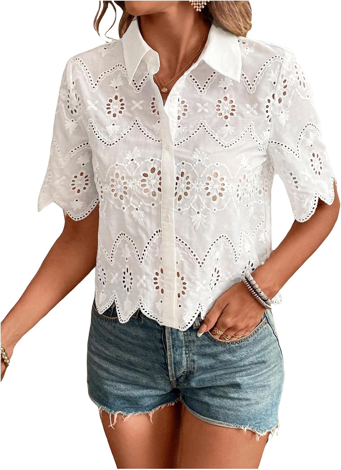 Embroidery Blouse - Damskie bluzki z krótkim rękawem, zapinane